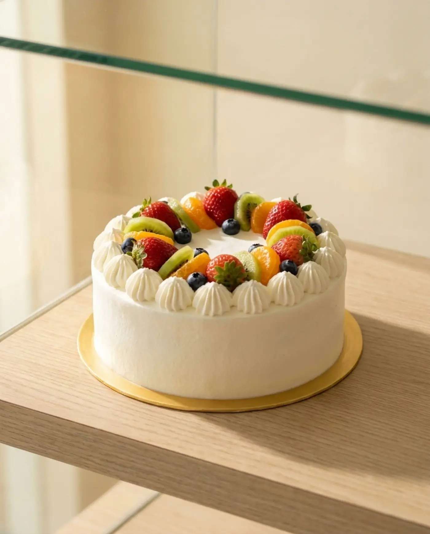 Kek hari jadi krim segar dengan strawberi, kiwi dan beri biru