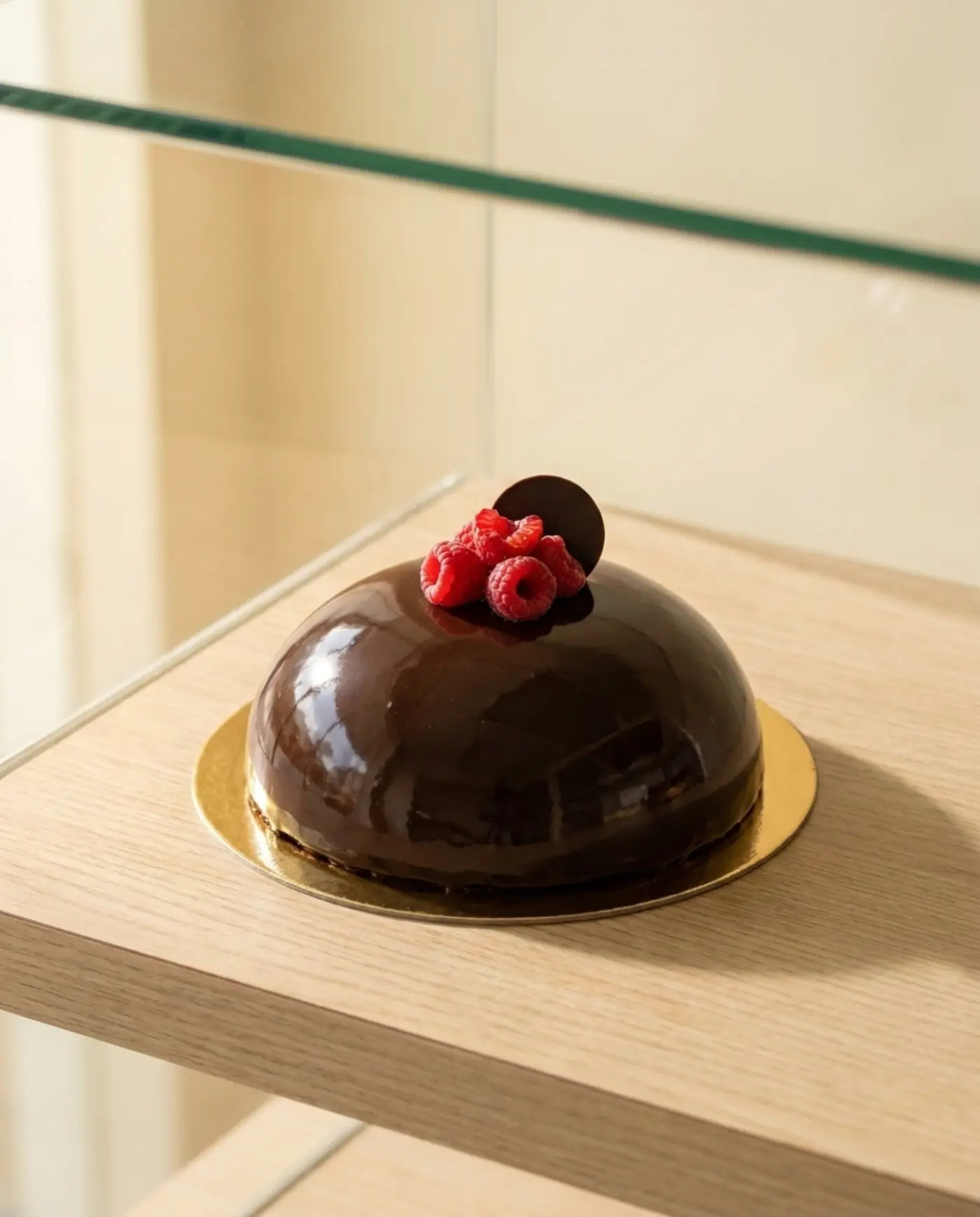 Kek kubah coklat berkilat dengan raspberi segar di atas