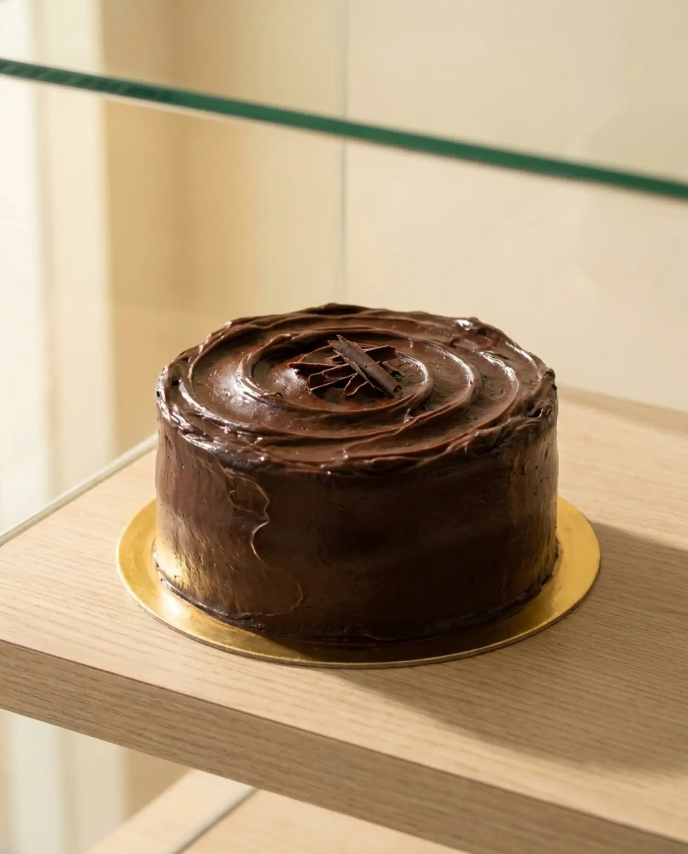 Kek fudge coklat yang tinggi dengan salutan coklat gelap berpusar