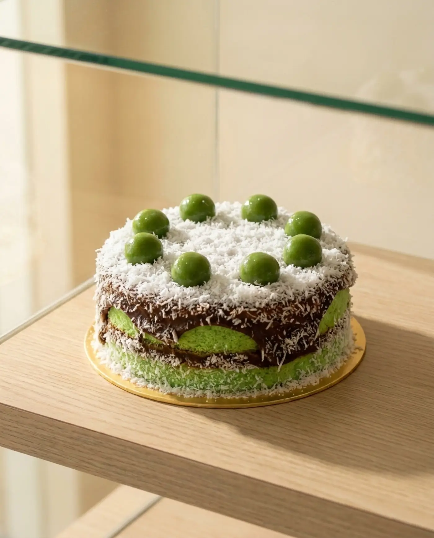 Kek chiffon pandan bersalut kelapa parut dengan ondeh-ondeh hijau di atas