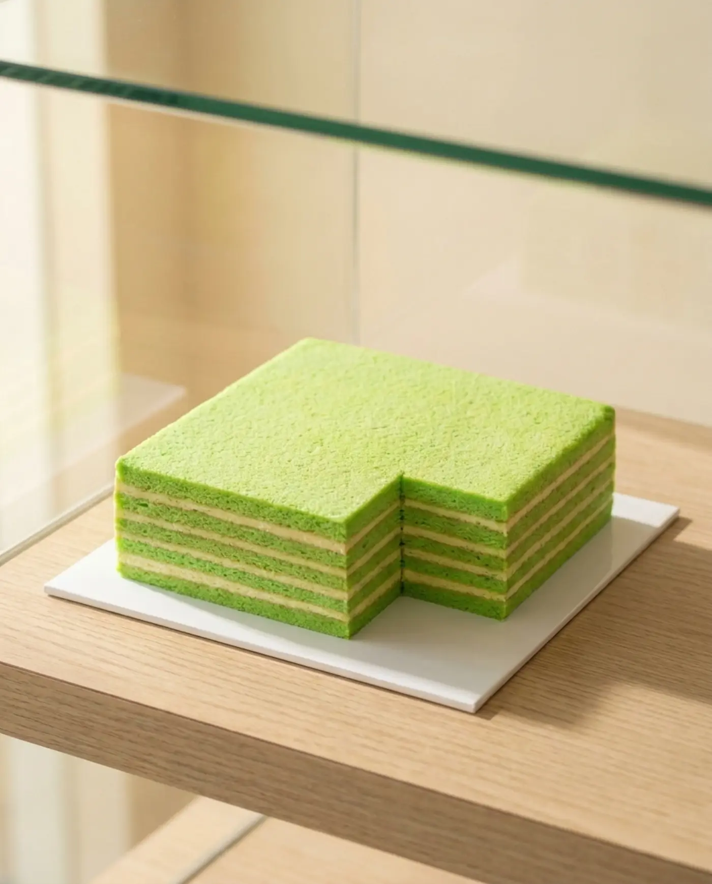 Kek lapis pandan dengan satu sudut dipotong menampakkan lapisan hijau