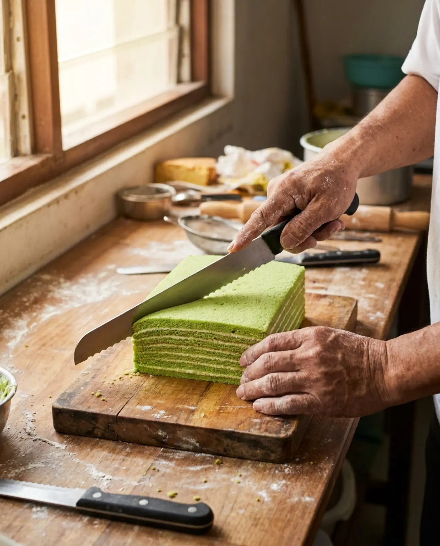 Tangan pembuat kek memotong kek lapis pandan hijau di atas papan kayu